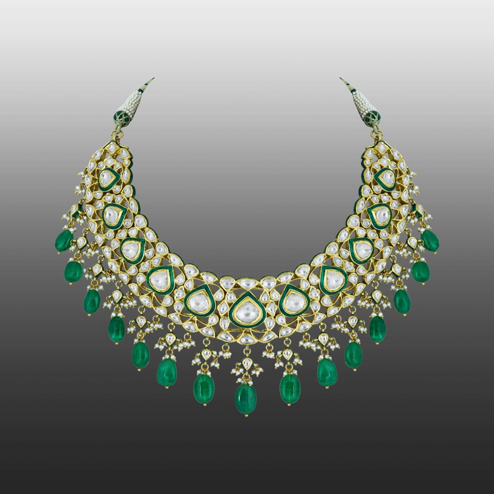 Polki Necklace with Green Enamel and Emerald Drops